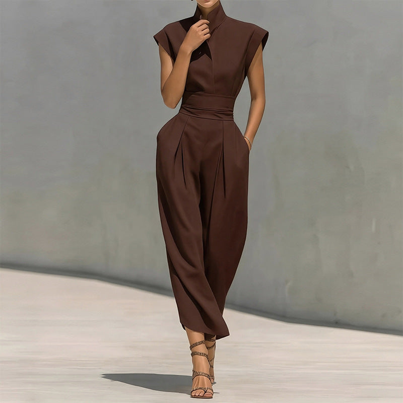 brown sleeveless waist maxi dress