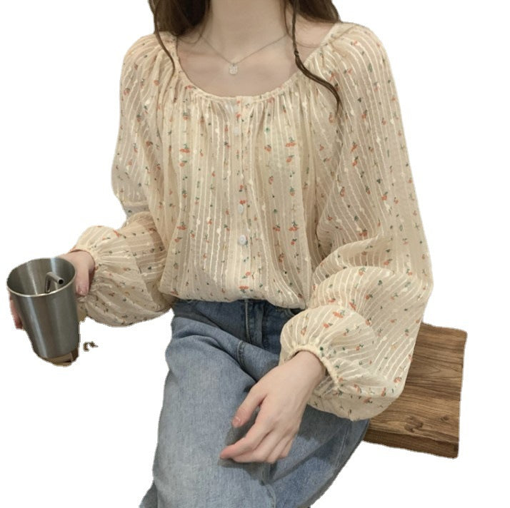 Thin chiffon floral long-sleeved shirt