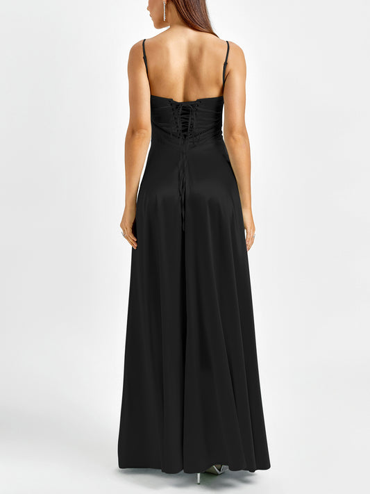 black matte satin backless slip dress