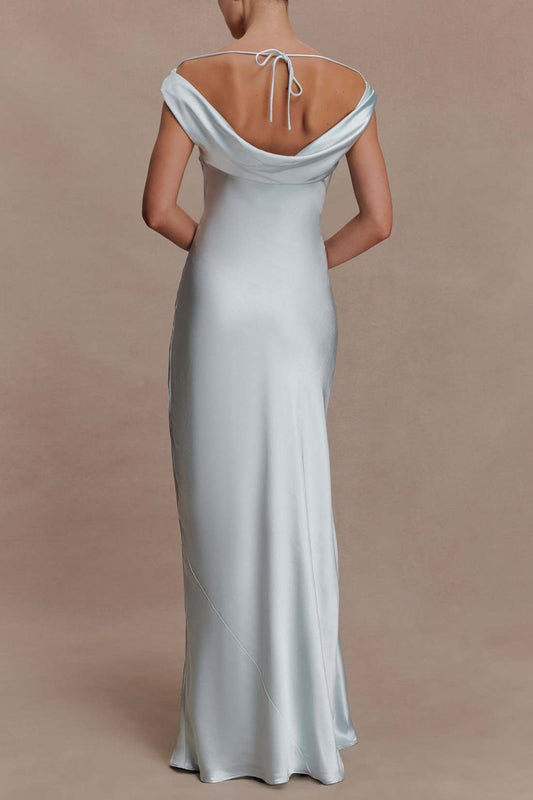 blue satin swinging collar lace dress
