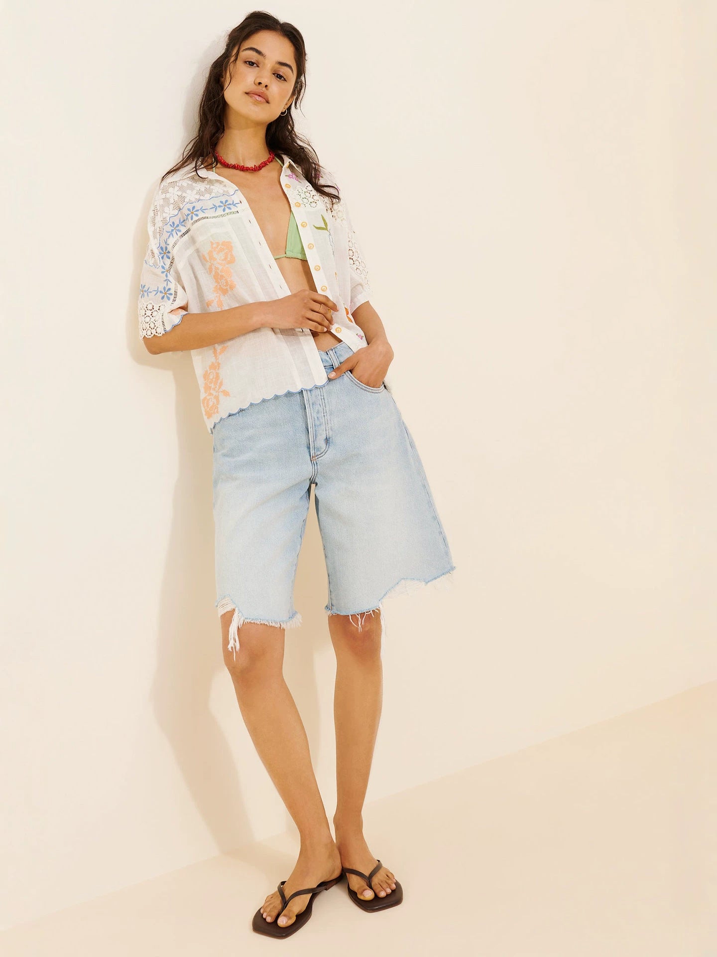 cream-white embroidered lace patchwork shirt