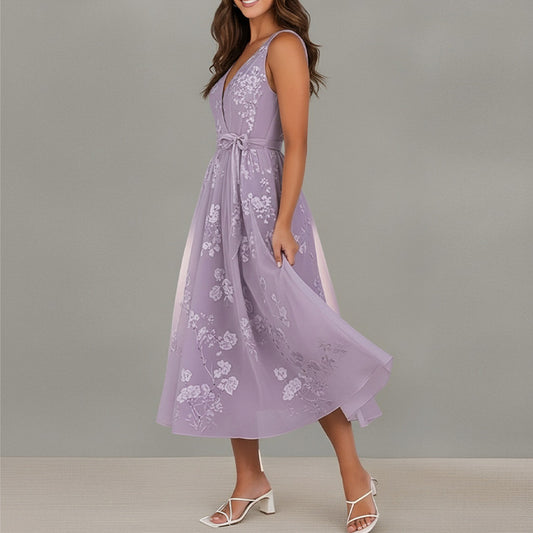 purple V-Neck Print Lace-up Sleeveless Dress