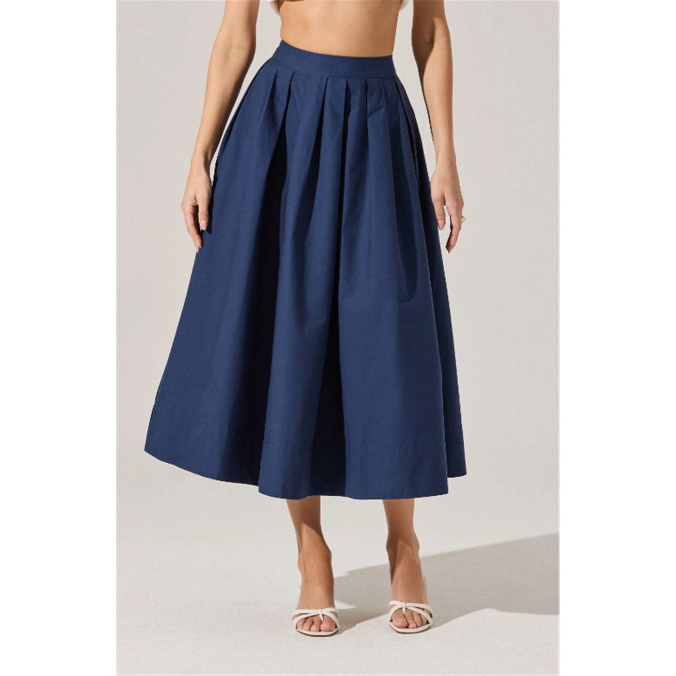 blue A-line pleated midi skirt