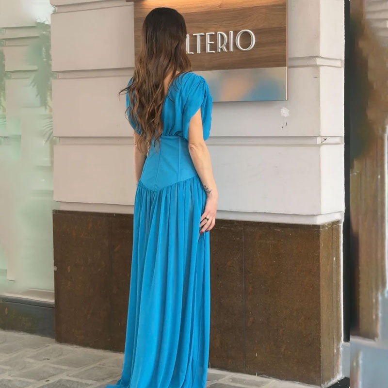 blue pleated V-neck sleeveless asymmetrical dress
