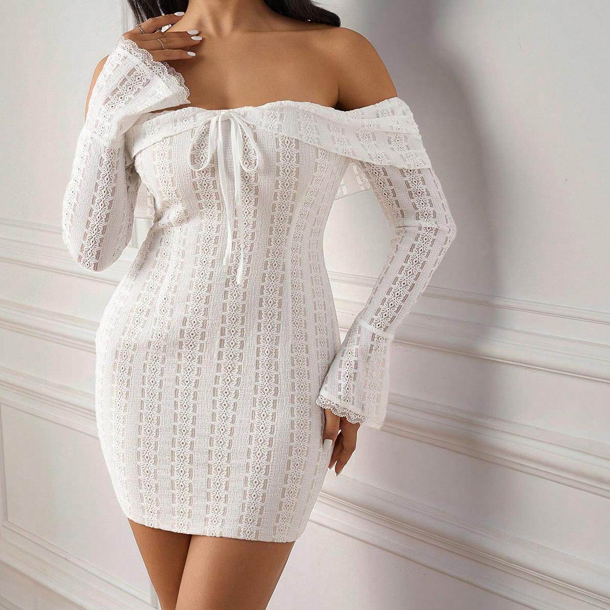 white lace patchwork one-shoulder mini dress