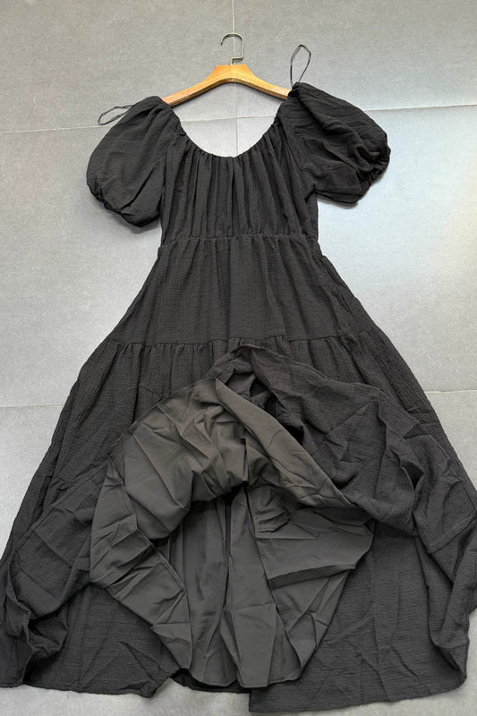 black U-neck bubble short sleeve elastic waist A-line dress