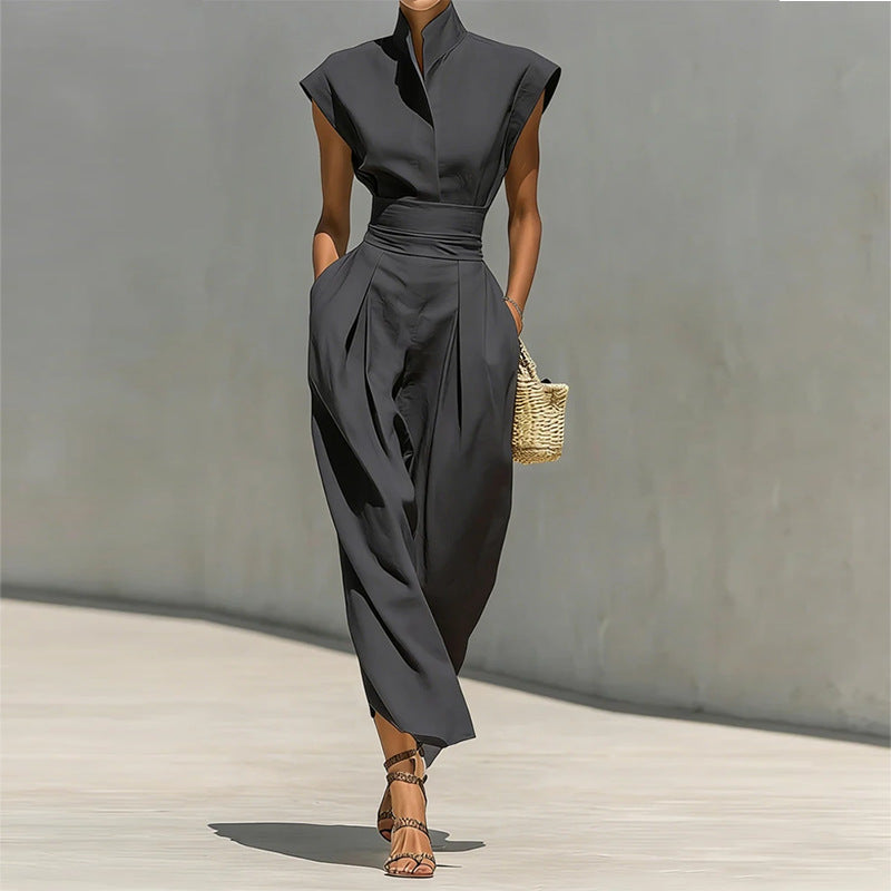 grey sleeveless waist maxi dress