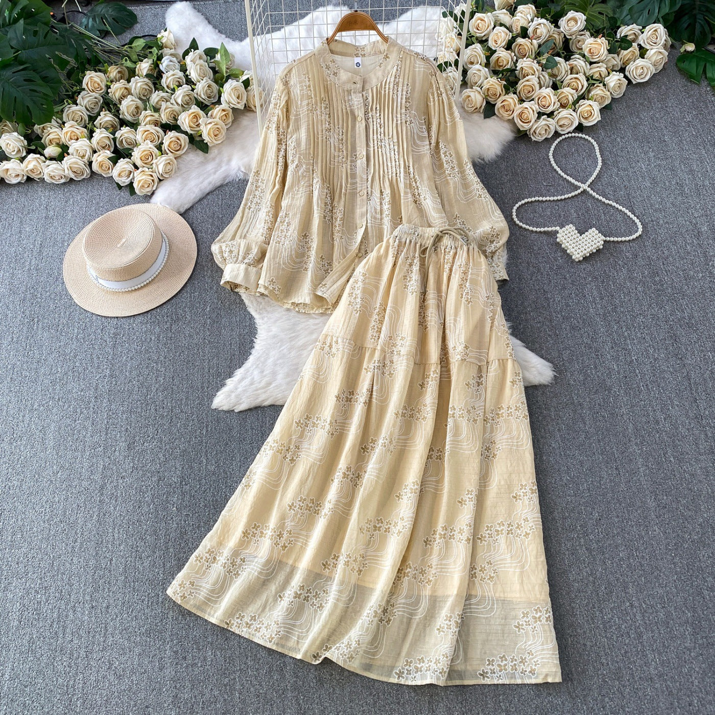 Summer Embroidered Floral Round Neck Pleated Long Sleeve Shirt Two-Piece Set