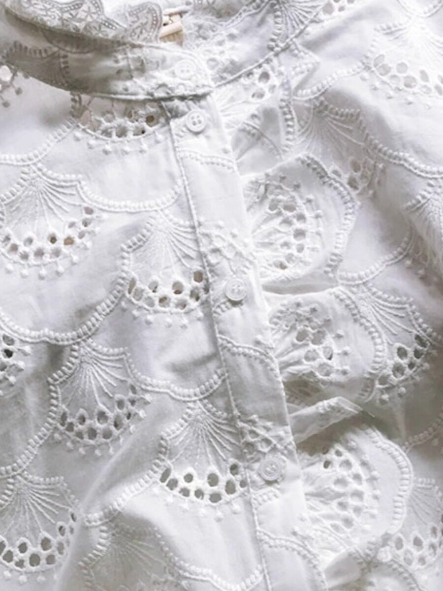White Embroidered Hollow Ruffle Stand Collar Single-Breasted Shirt