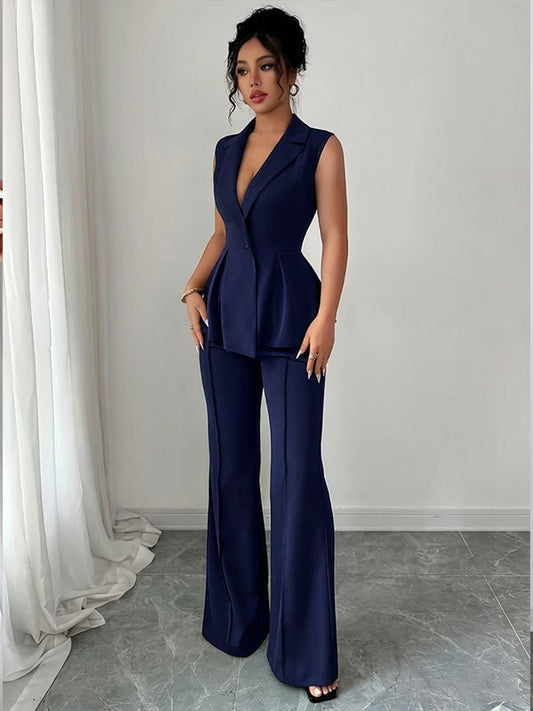 navy Deep V-neck Sleeveless Pleated Top with Wide-Leg Pants Set