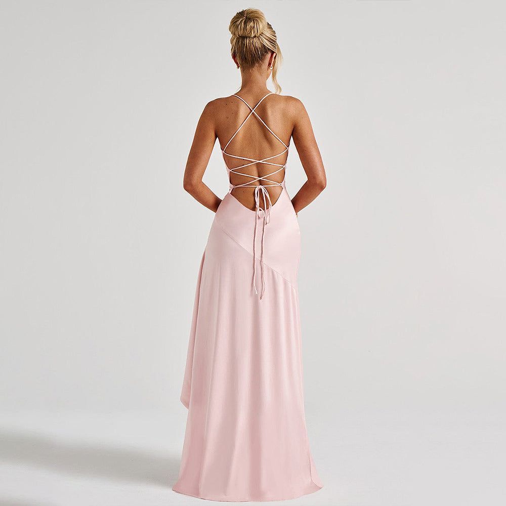 satin suspender ruffled high slit dress