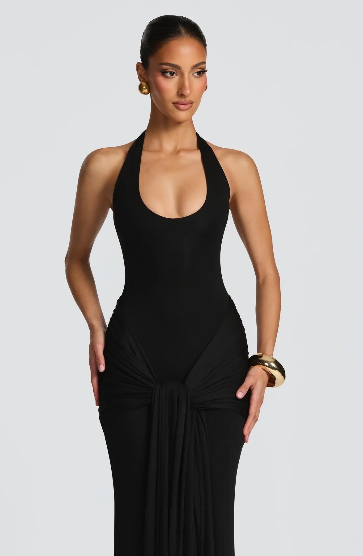 black streamer splicing suspender halterneck dress