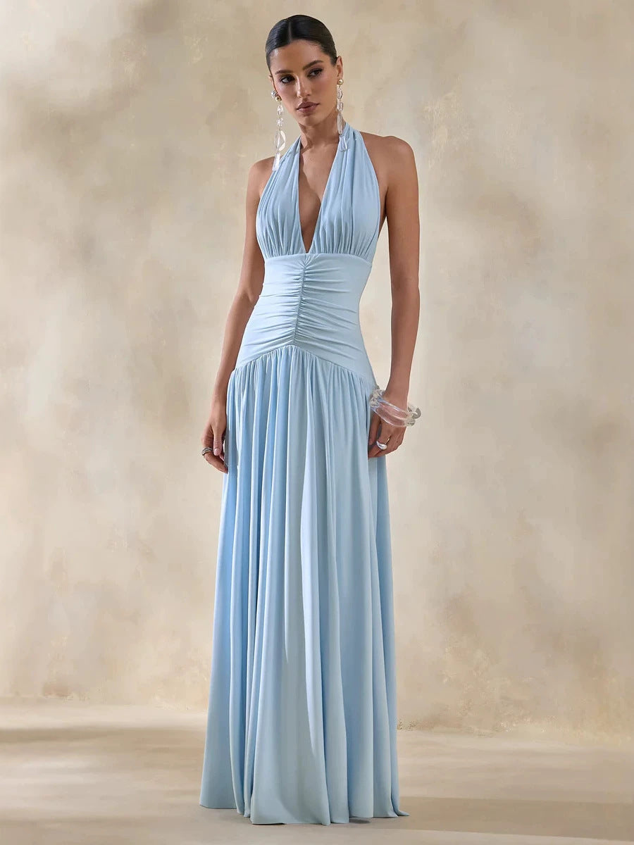 blue halterneck open back slip maxi dress