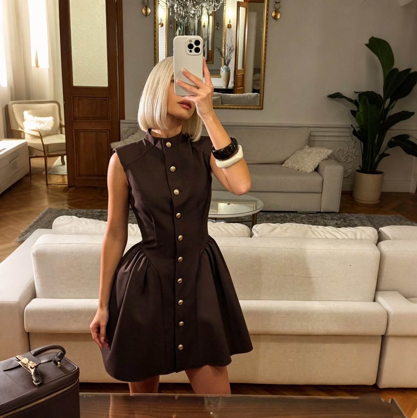 brown button-down fragrance slim waist mini dress