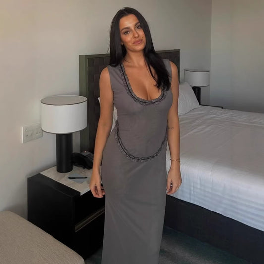 grey lace sleeveless maxi dress