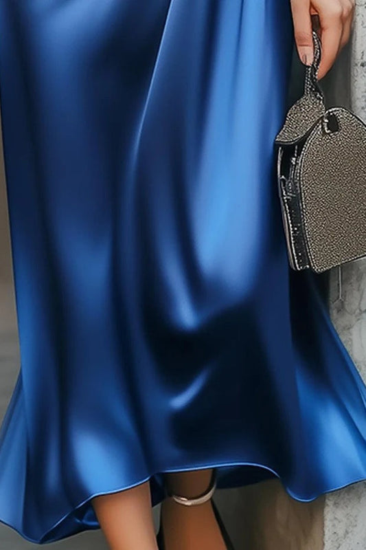 blue Satin V-Neck Short Sleeve maxi Dress