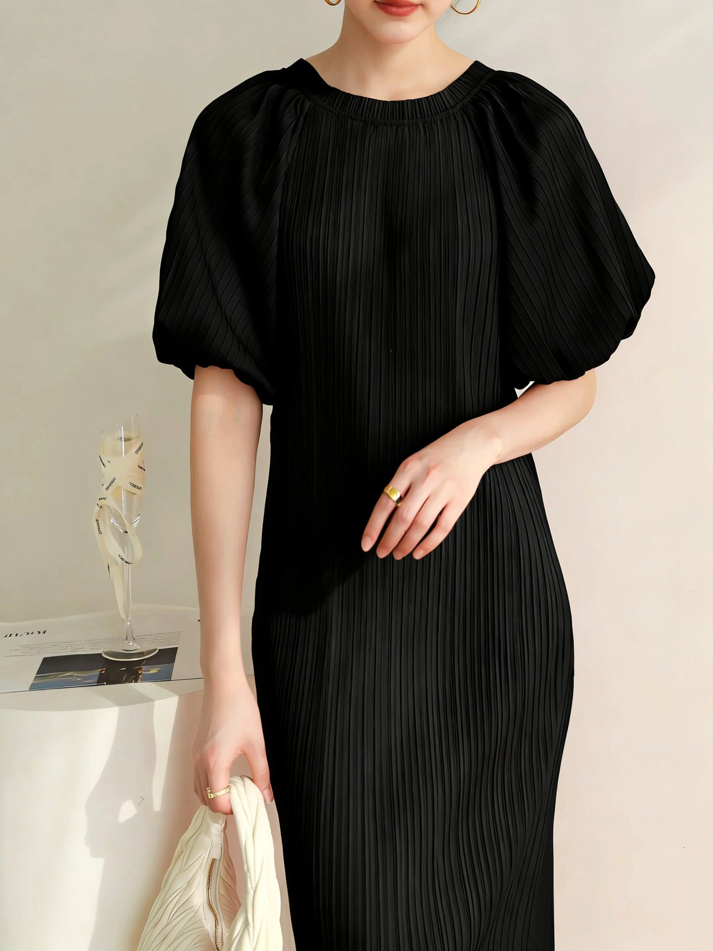 Pleated pastoral style bubble short-sleeved midi dress