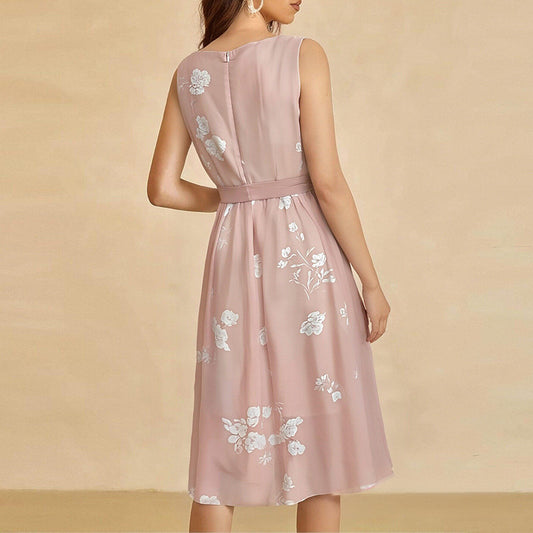 pink V-Neck Print Lace-up Sleeveless Dress