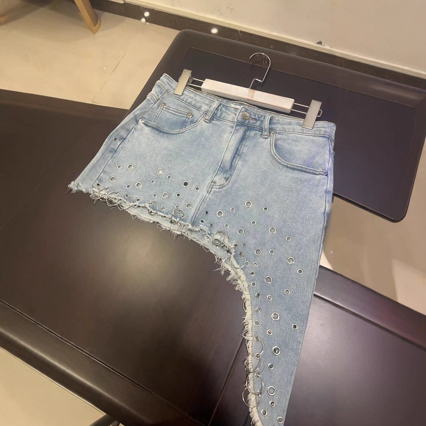 denim ripped irregular beveled skirt
