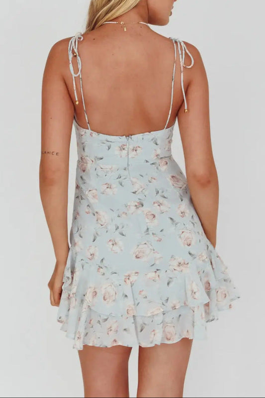green Suspender Chiffon Floral mini Dress