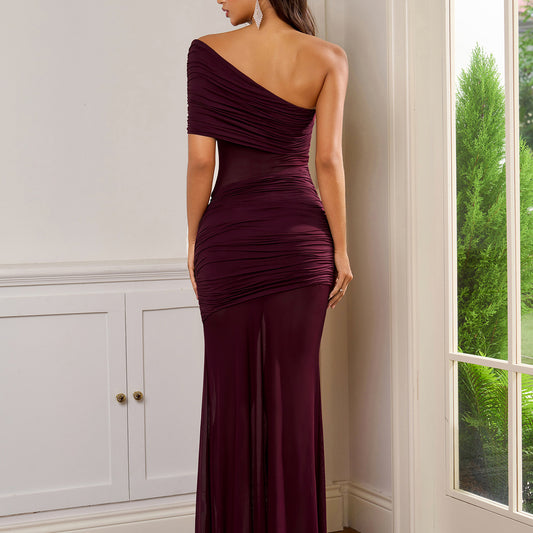 red mesh off-the-shoulder pleated slim hip-hugging dress