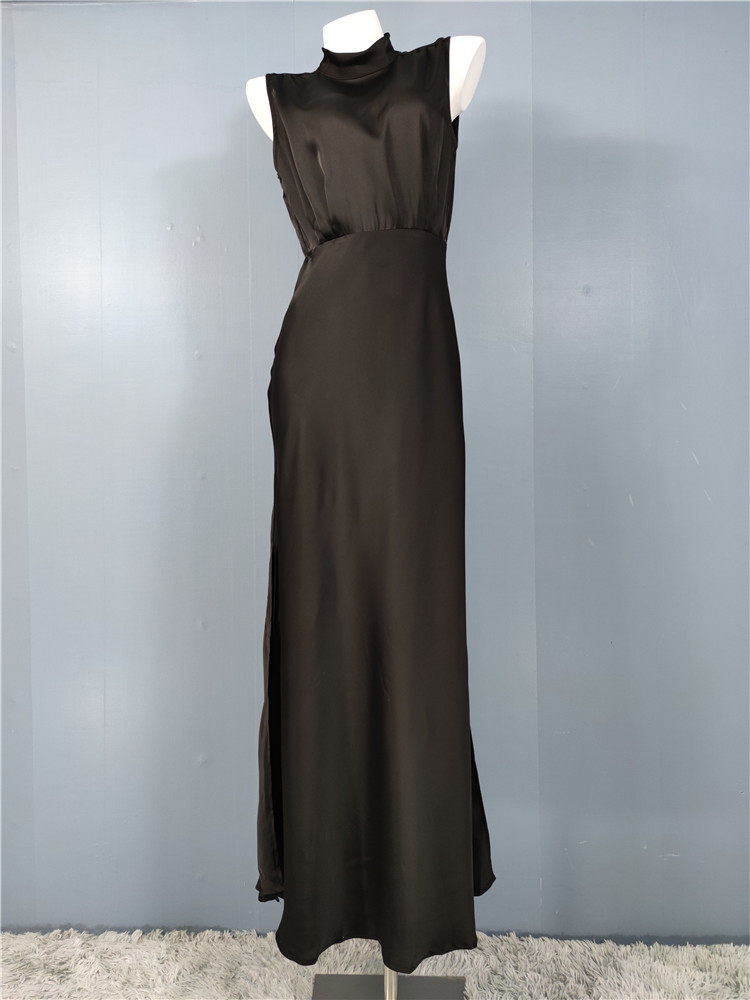 black stand collar slit banquet dress