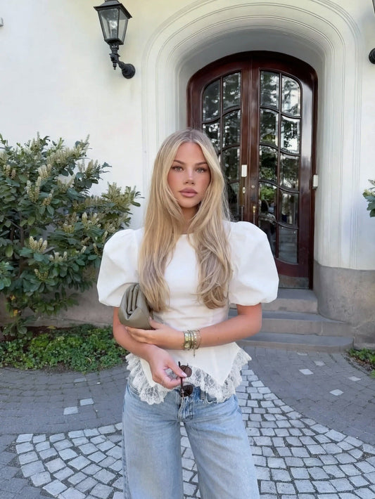 white irregular hem lace patchwork puff sleeves short sleeve shirt