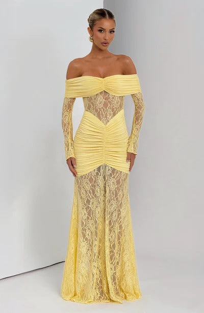 damla yellow Lace-trimmed flared sleeve fishtail dress