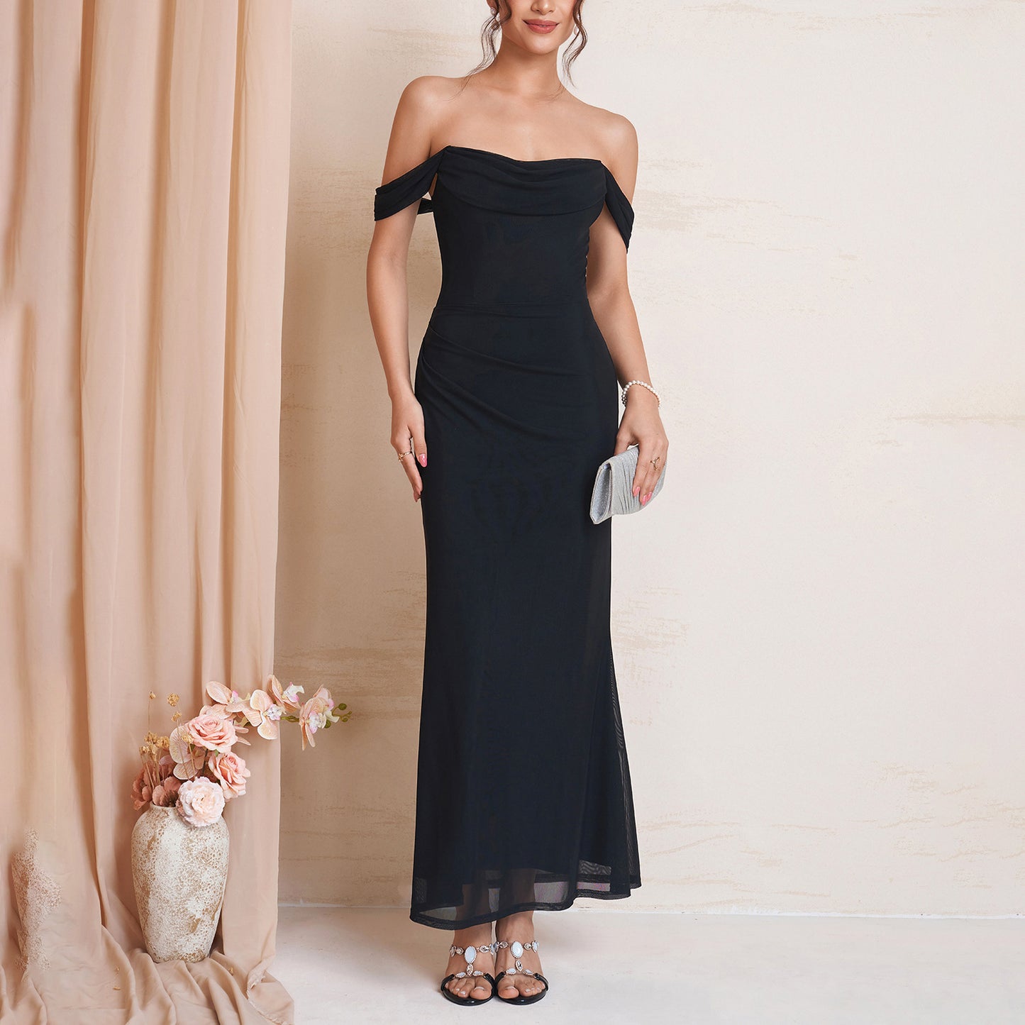 black spaghetti strap off-shoulder maxi dress