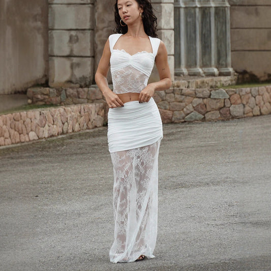 white lace suit skirt see-through top skirt two-piece set