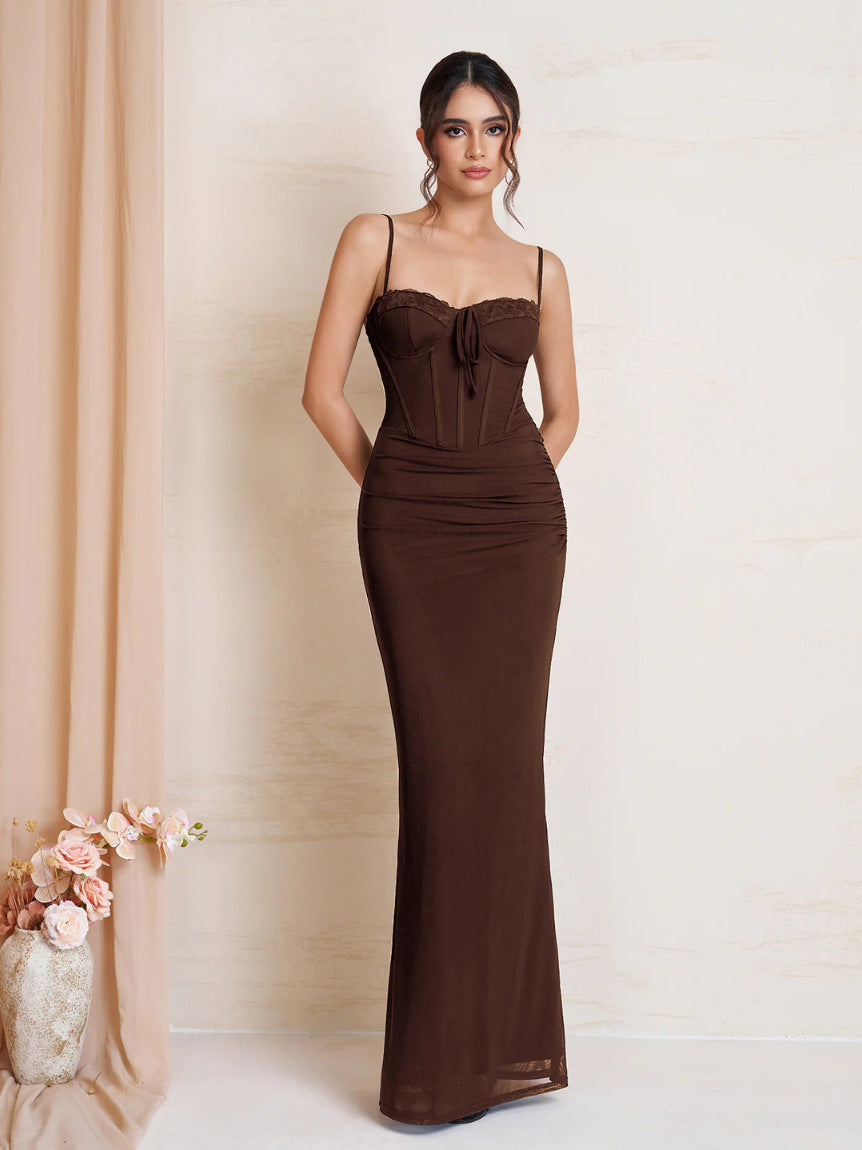 brown suspender mesh lace patchwork lace-up pleated dress