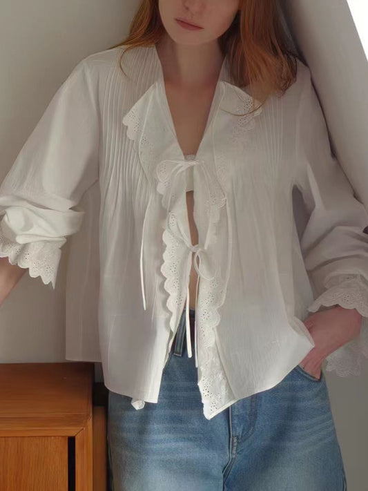 white Embroidered Lace Shoulder Tucker Cotton Lace-Up Shirt