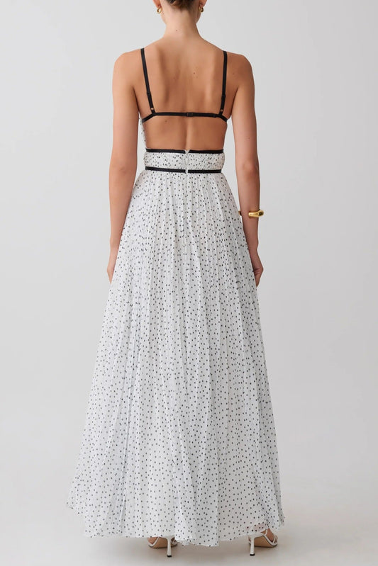 polka dot pleated cinched backless slip dress