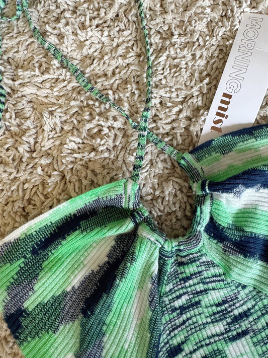 green knitted halterneck lace-up wrap dress