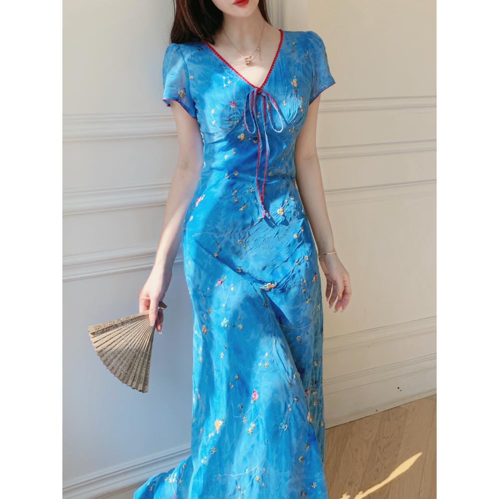 lesley v-neck floral Printed Embroidery maxi dress - blue