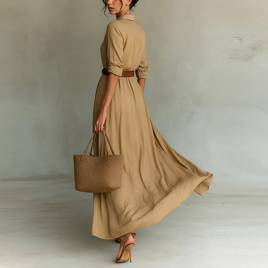 khaki waist slim V-neck dress