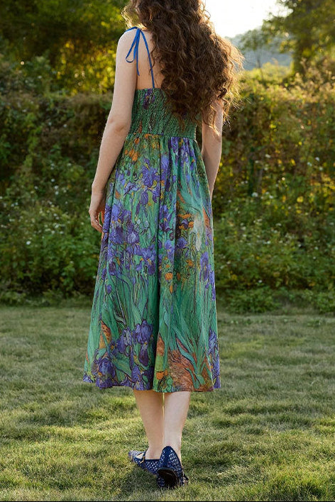 green suspender flower waist dress
