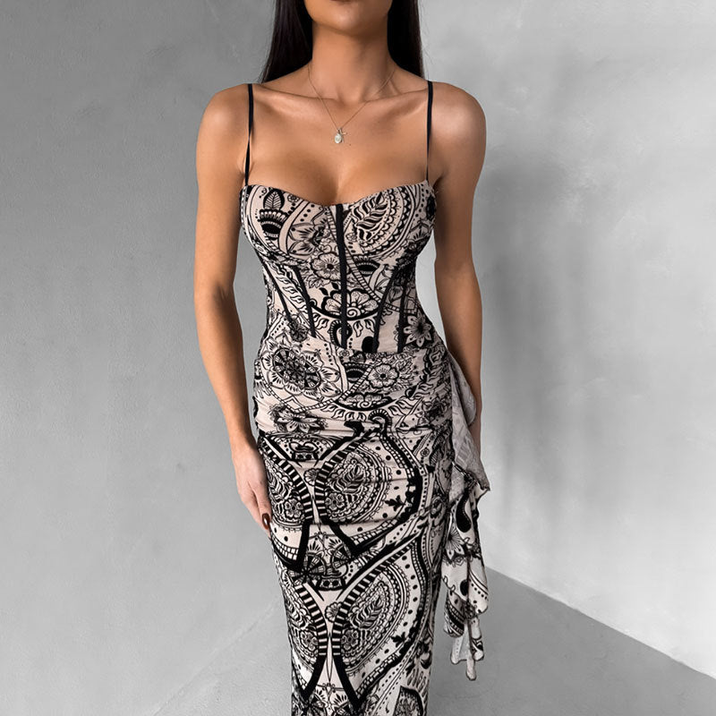 white Suspender Chest Wrap Waist Backless Dress
