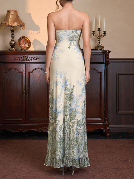 green mesh print strapless back ruffled embroidered dress