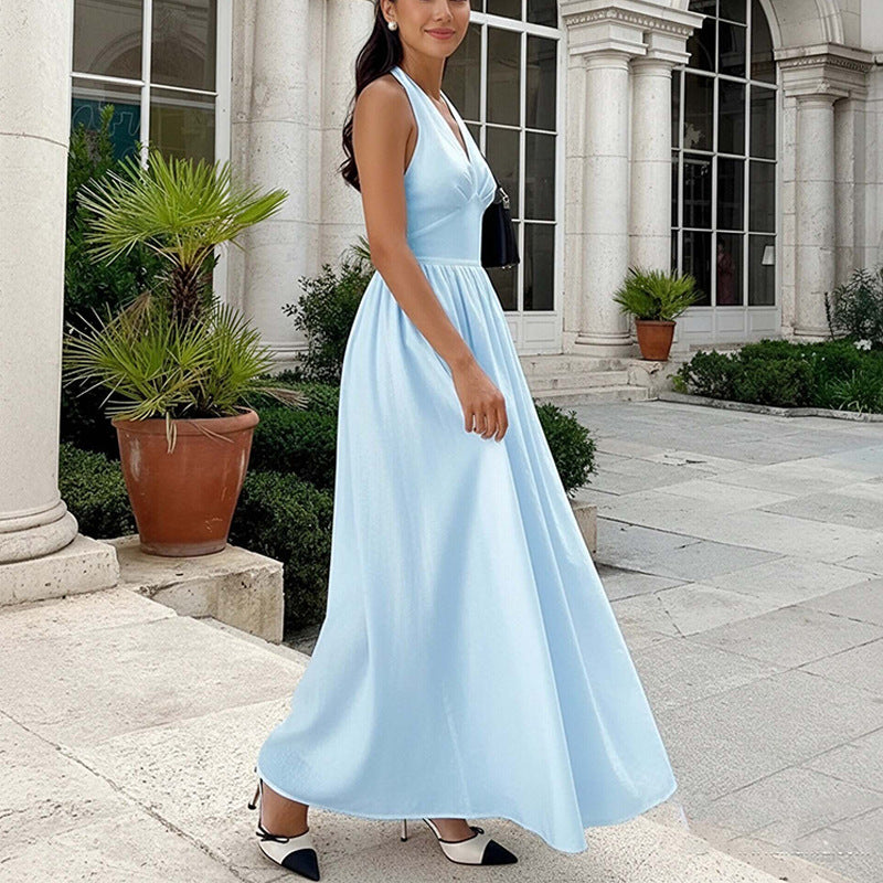 blue V-Neck Slim Slip Dress