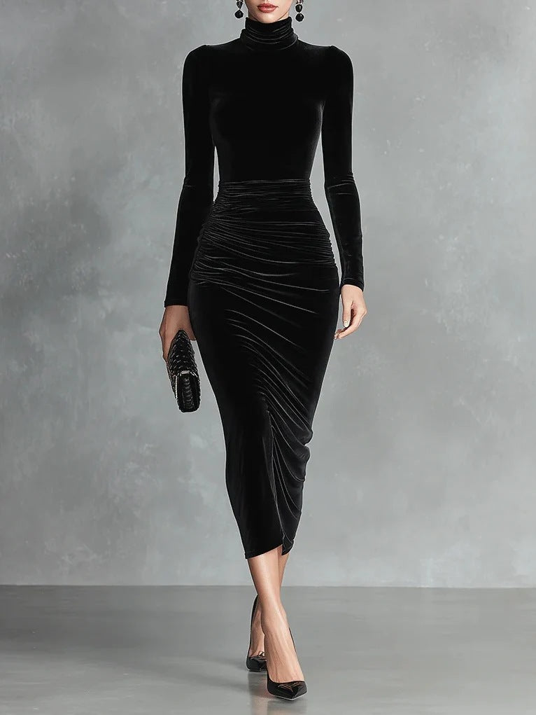 black long sleeve turtleneck hip gold velvet maxi dress
