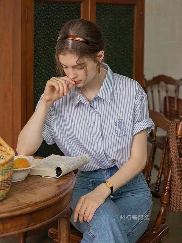 blue embroidery casual versatile short sleeve striped shirt