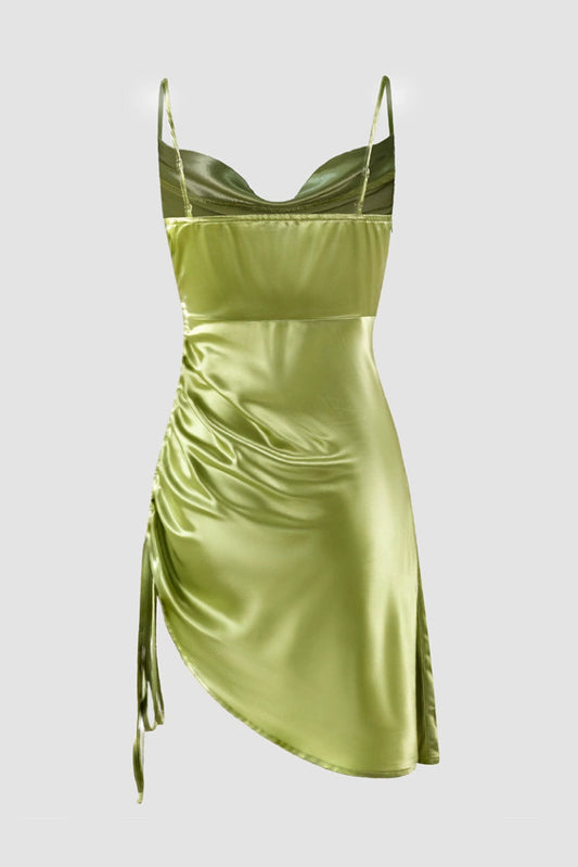 swing collar glossy satin drawstring strap suspender dress