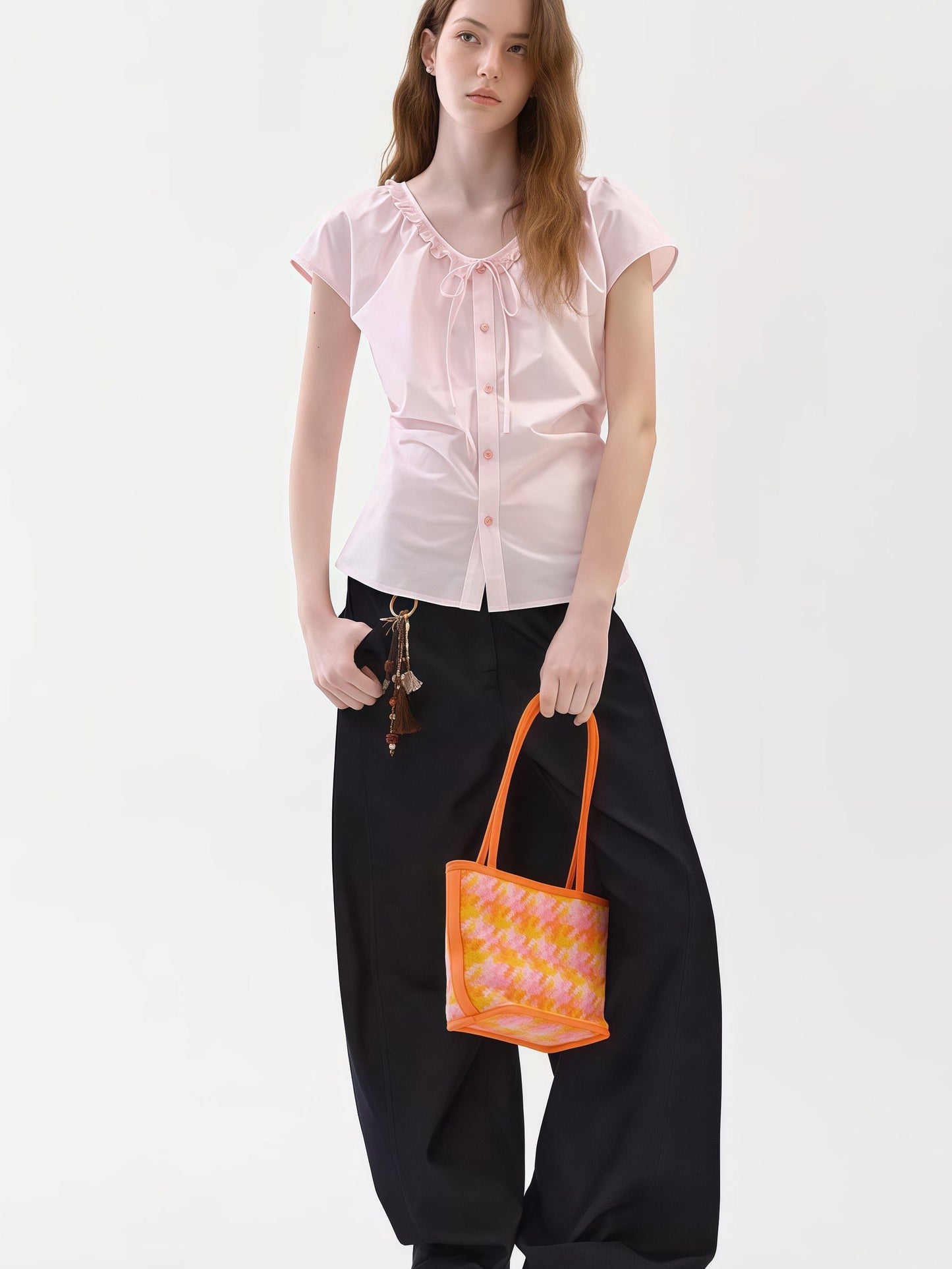 Ruffled V-neck tie-sleeve shirt