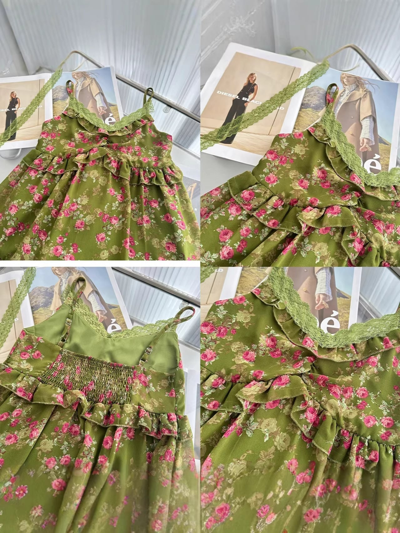 Country-style floral multi-layered cake mini dress - Green