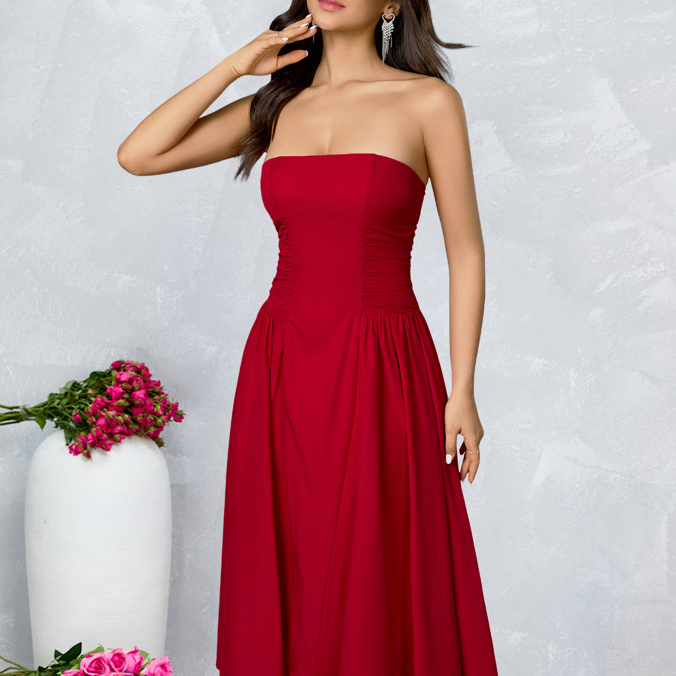 red bandeau backless A-line mid dress