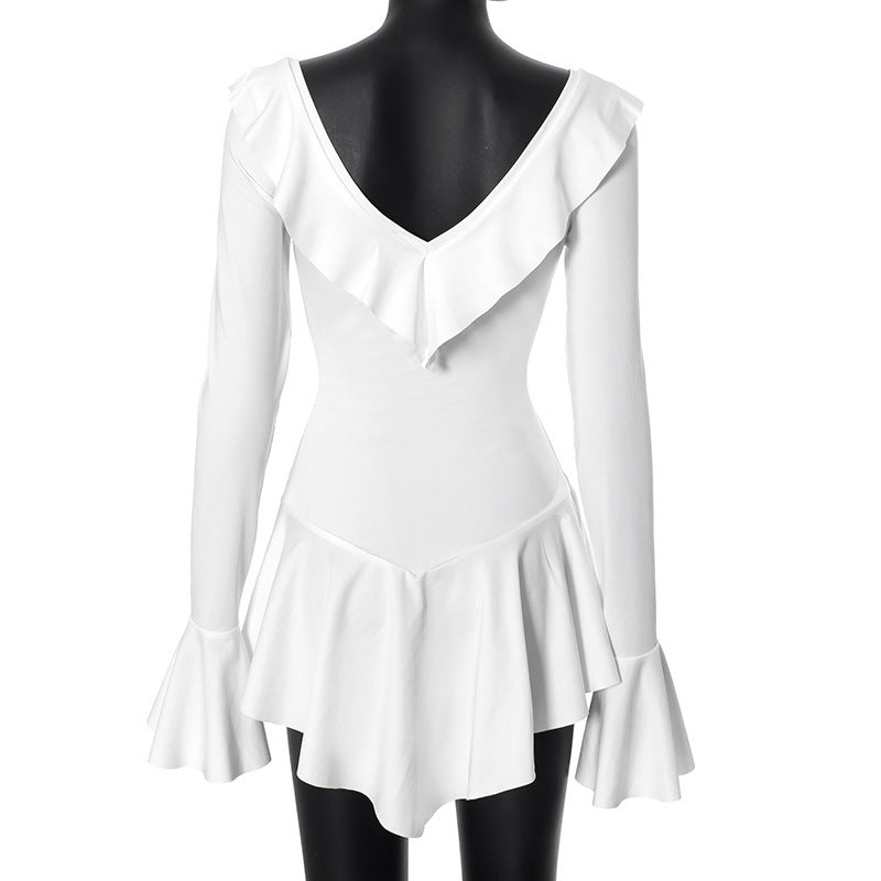 white Ruffled long-sleeved tie dress