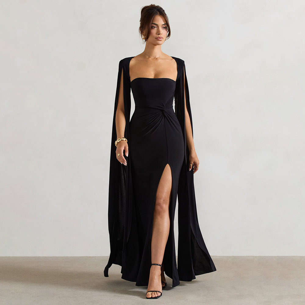 black square neck long sleeve high slit dress