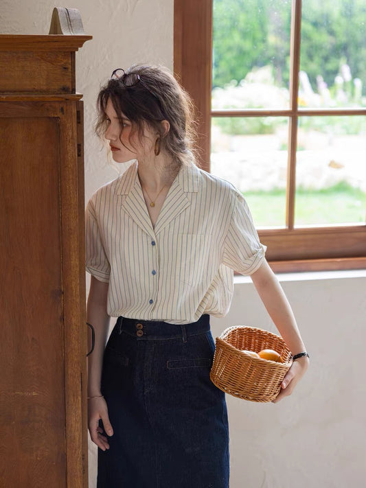 striped texture cotton-linen short collar shirt