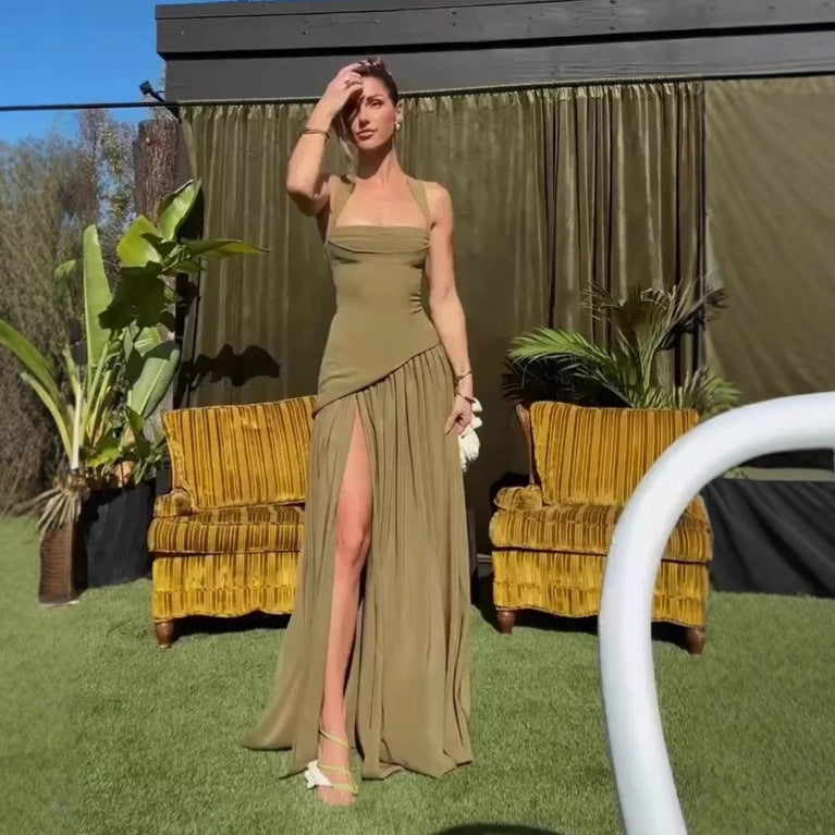 green slim strap open back streamer dress